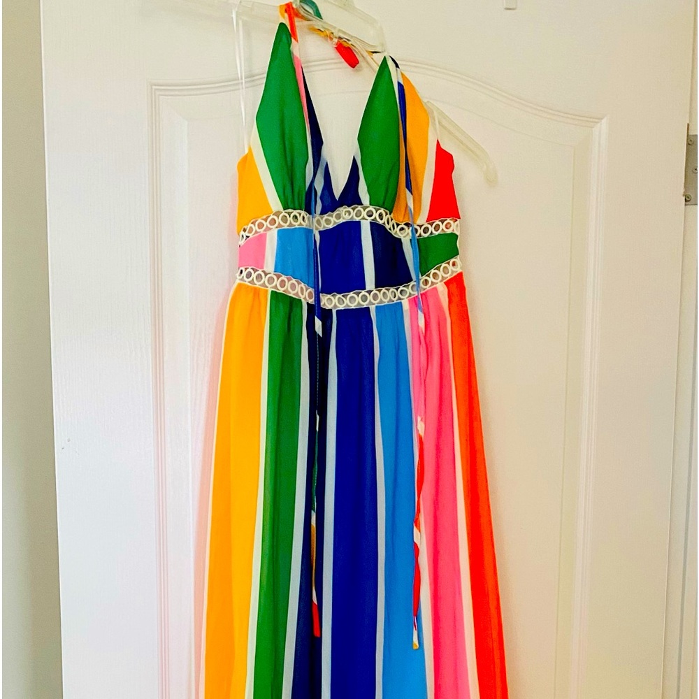New York and company Rainbow striped halter maxi dress size small